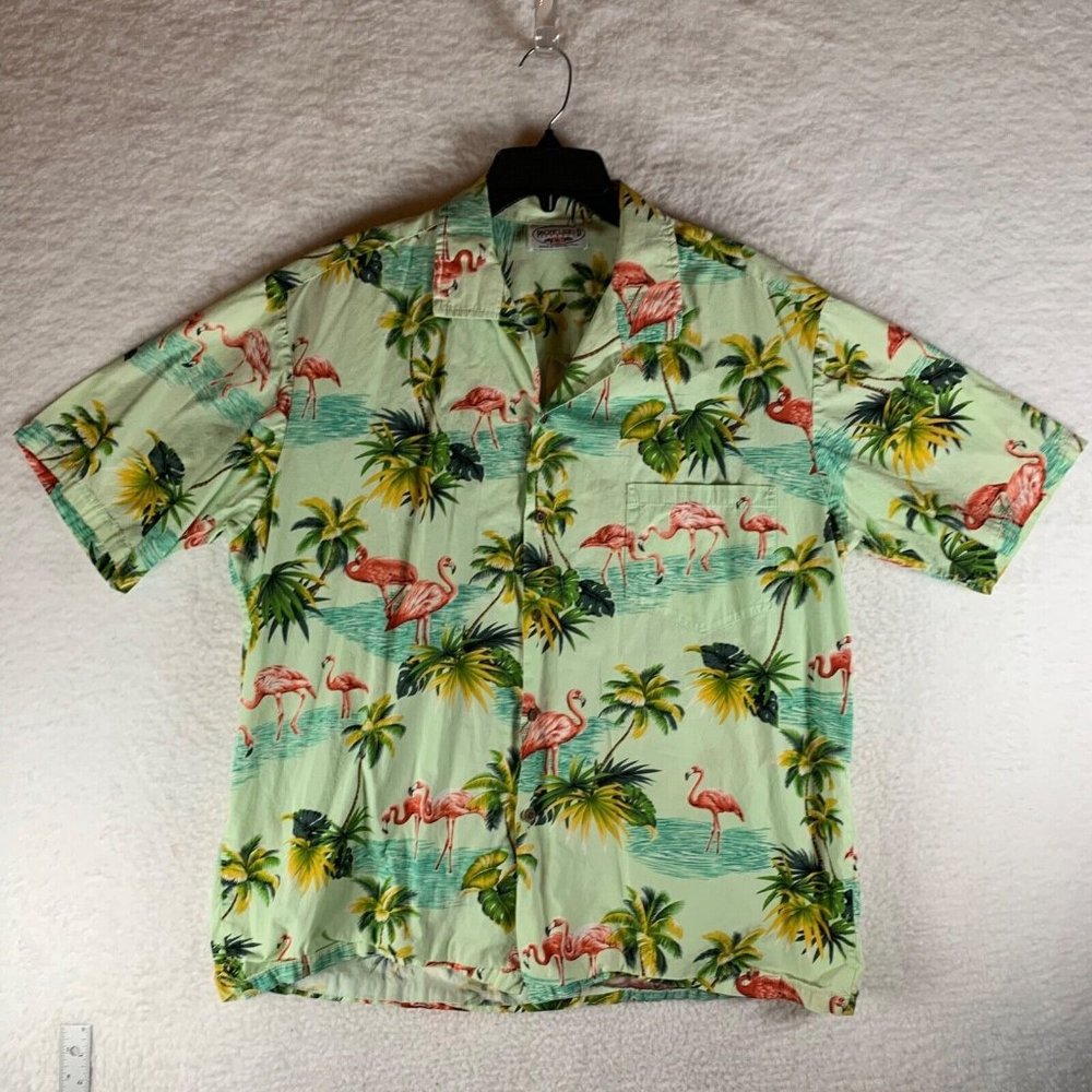 VTG Pacific Legend Mens Pink Flamingo Green Tropical Hawaiian Shirt Size XL 8899